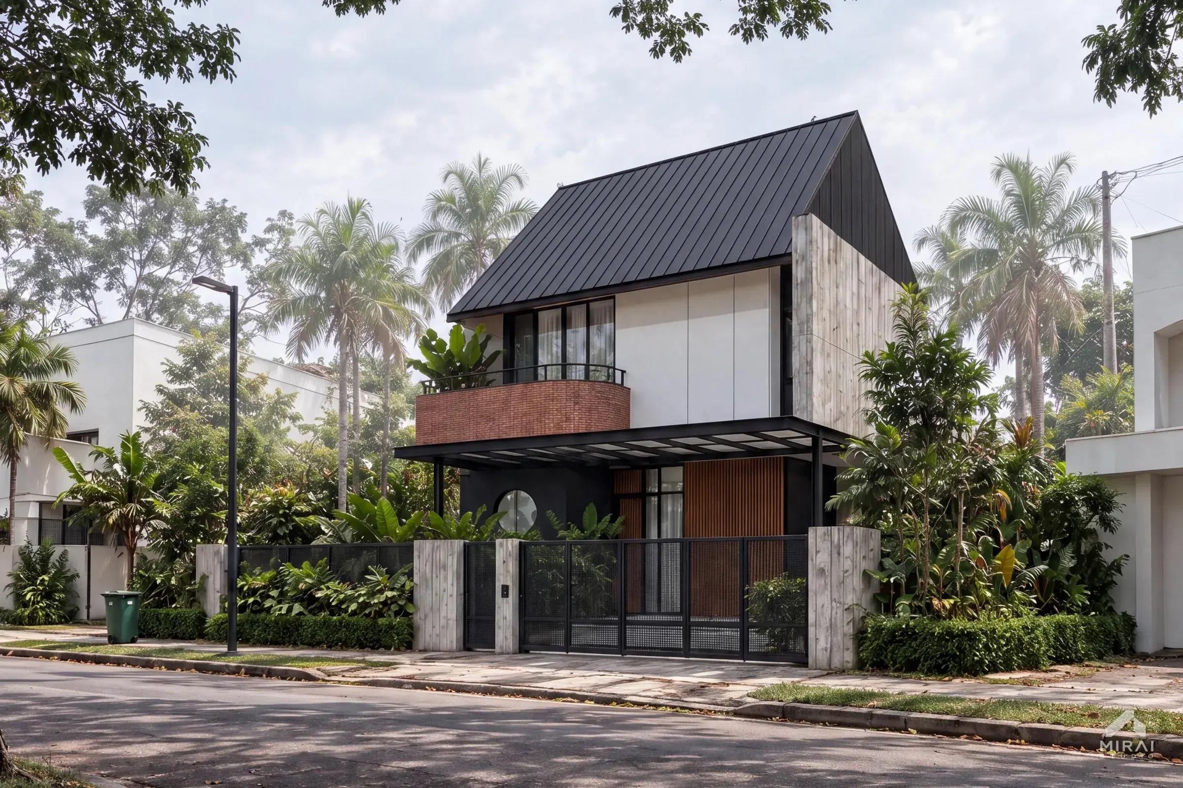 Teduh House setelah jadi: rumah tropis dua lantai dengan atap logam hitam, balkon bata, dan pagar besi