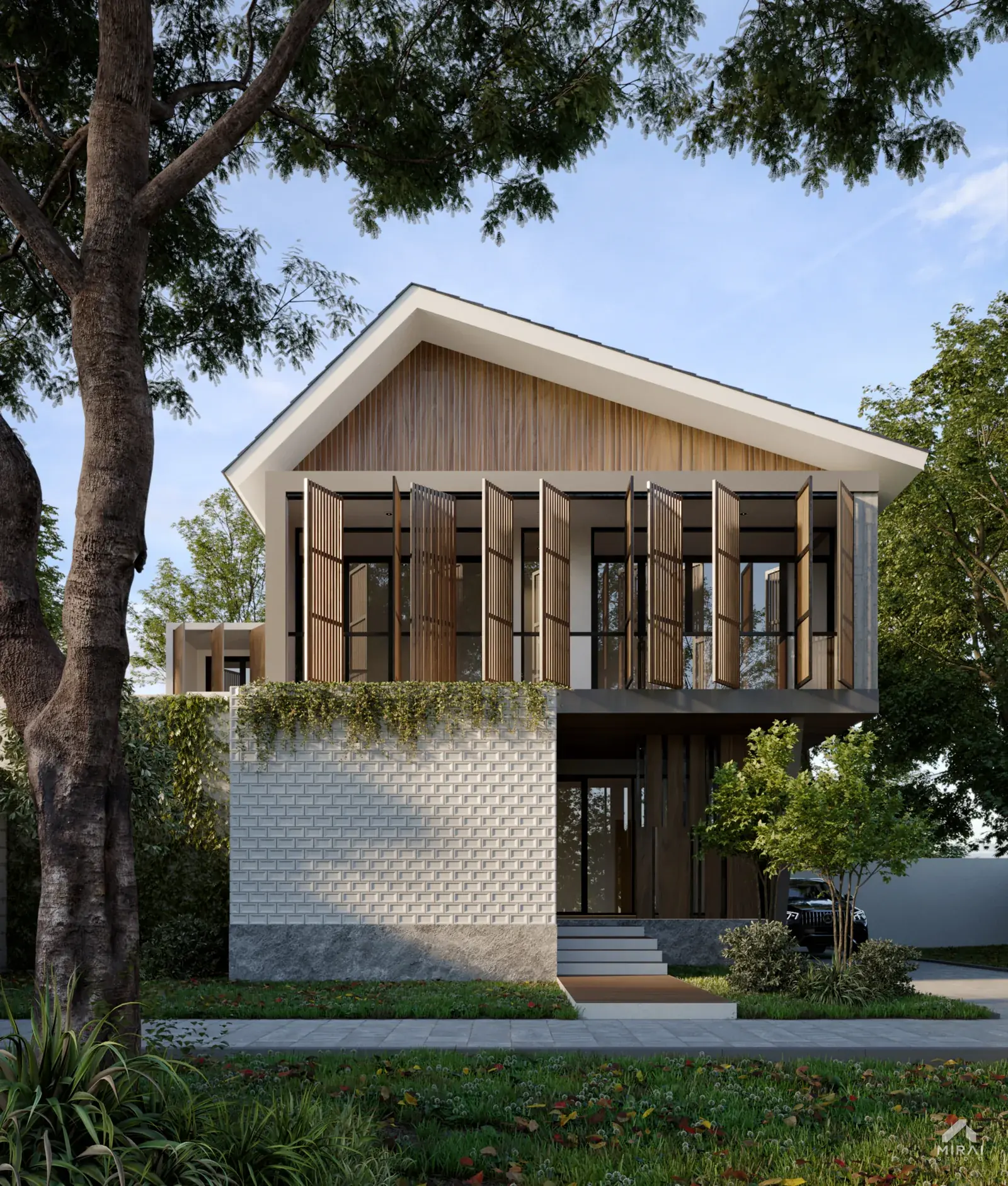 Rumah atap pelana: Rumah dua lantai beratap pelana dengan daun jendela kayu di lantai atas.