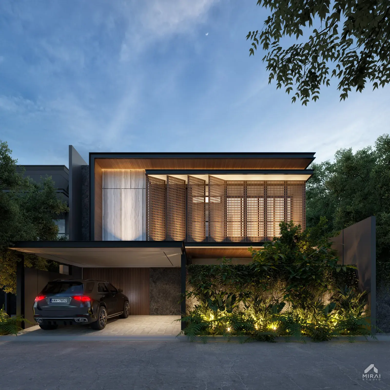 Rumah kisi kayu: Rumah dua lantai dengan panel kisi kayu di lantai atas.