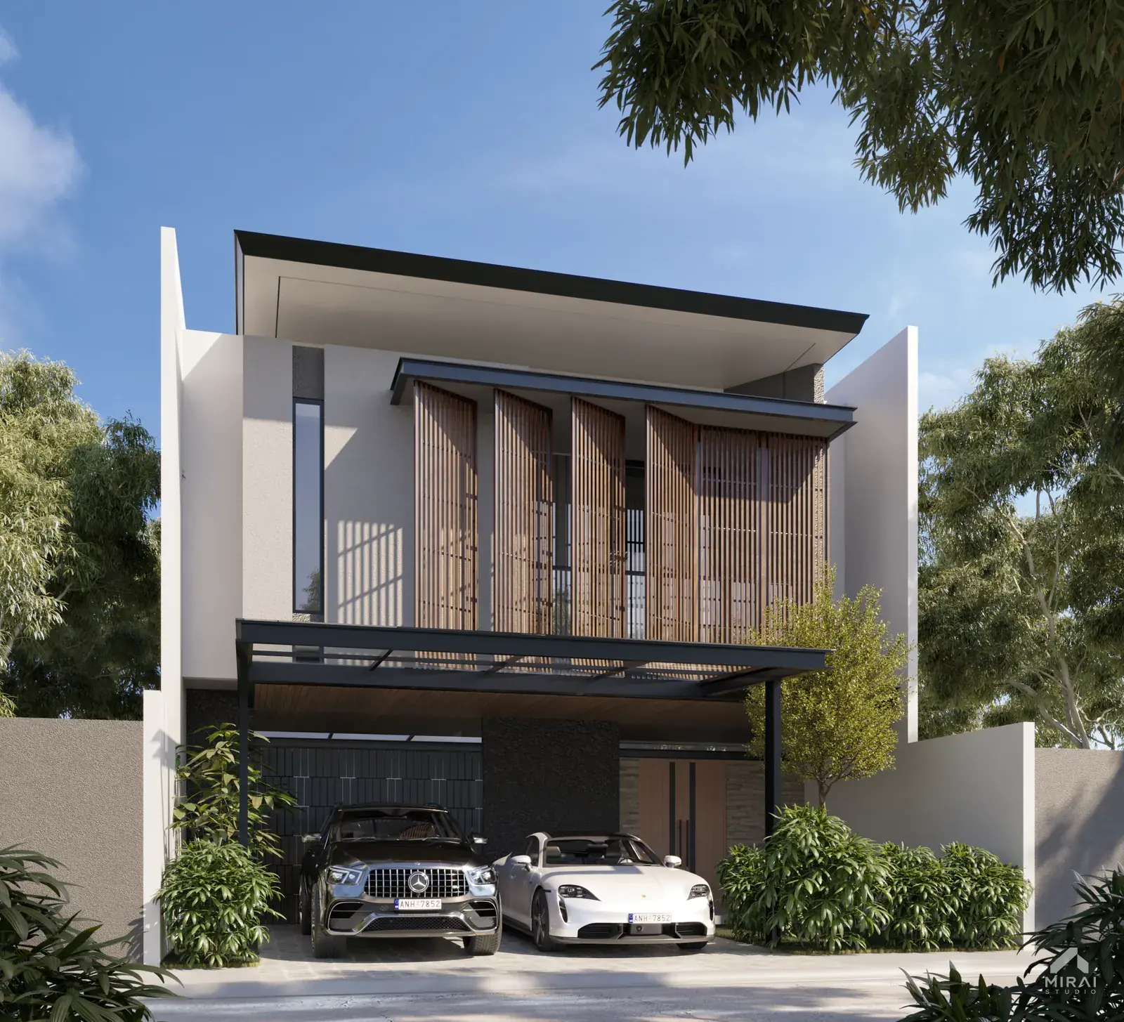 Rumah Pakuan: Sirip kayu di lantai atas, carport teduh di bawahnya.